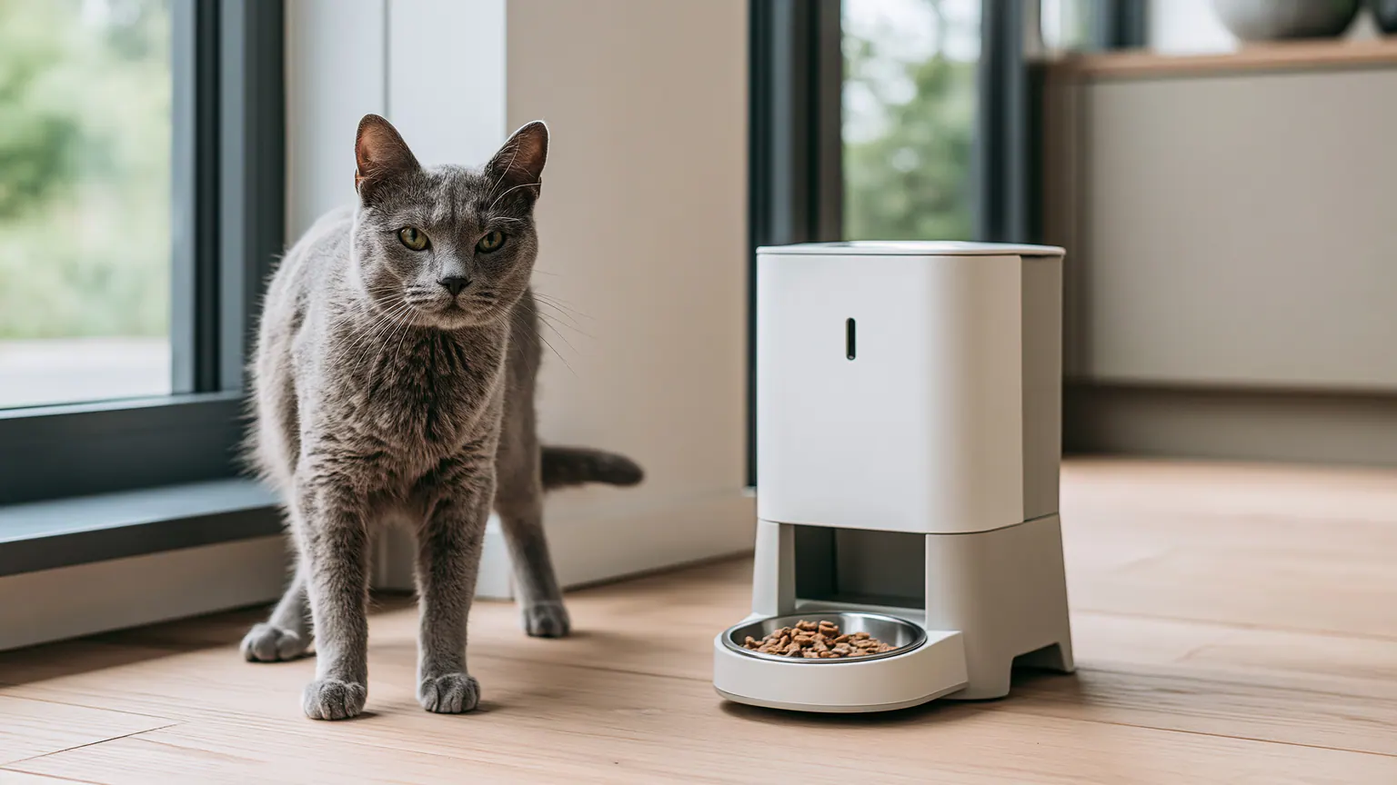 Kat naast een moderne automatische voerbak met droogvoer