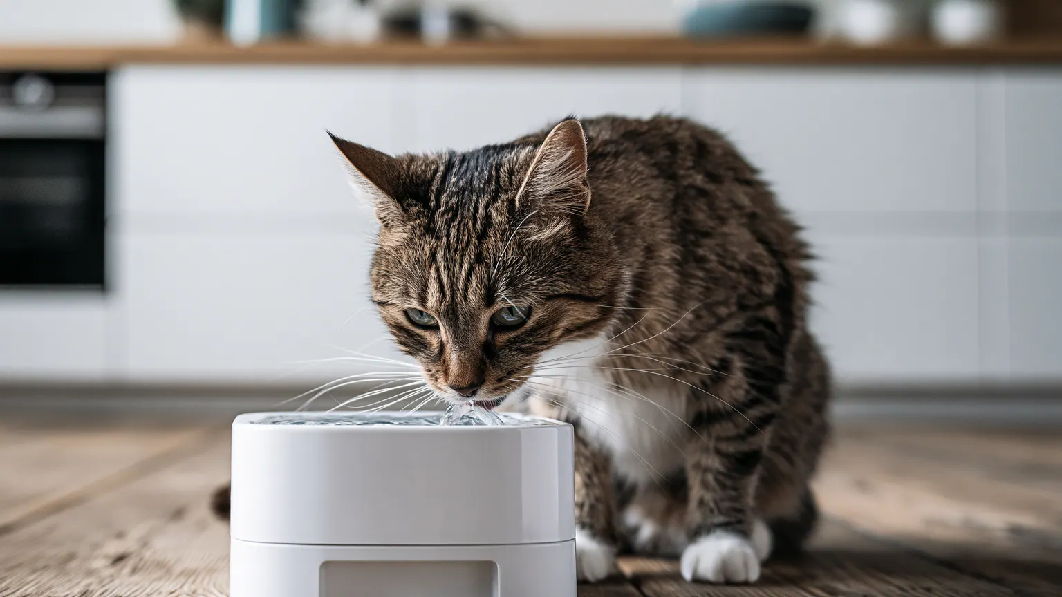 Tabby kat drinkt uit een moderne kattenfontein