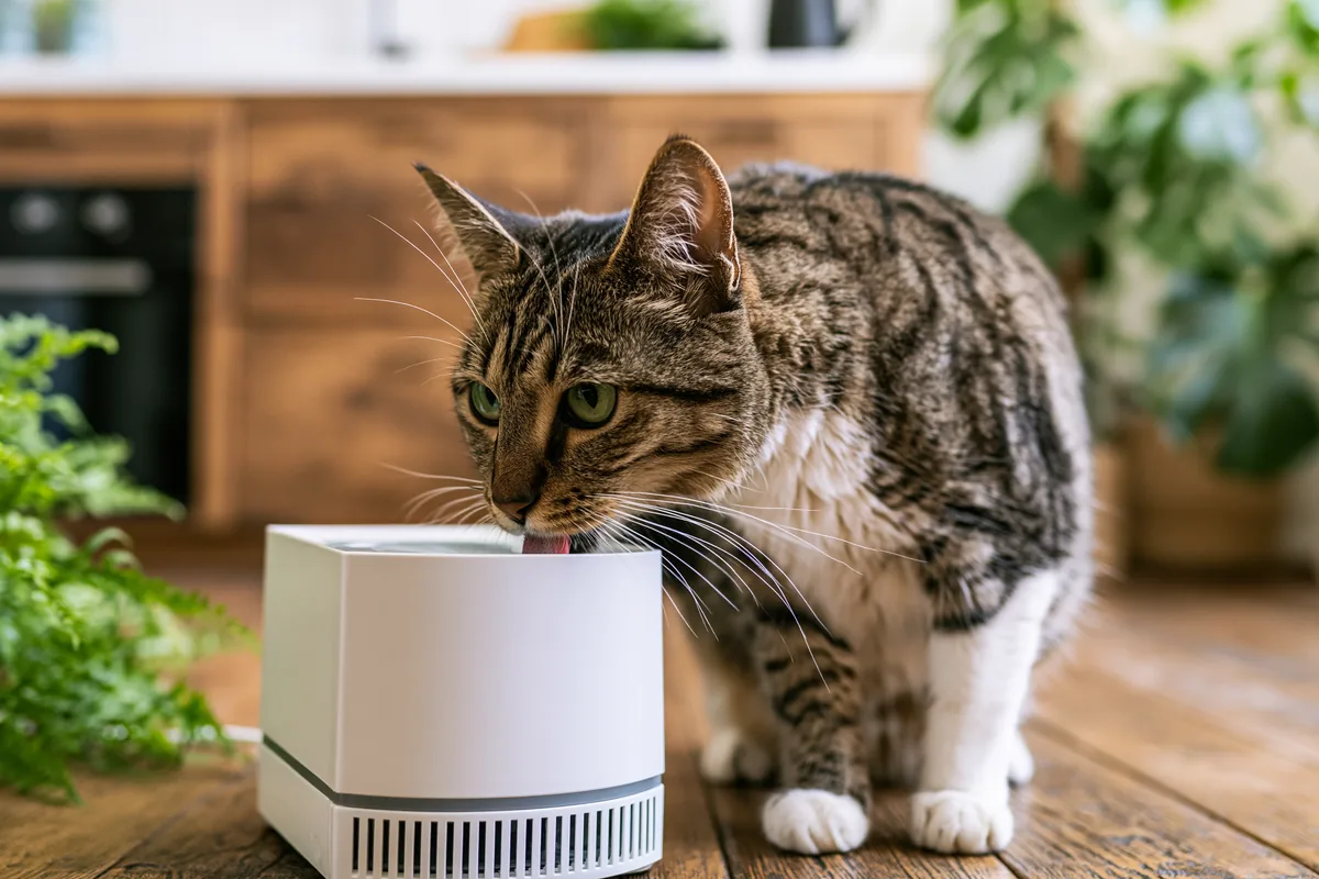 Een tabby kat drinkt uit een moderne witte kattenfontein