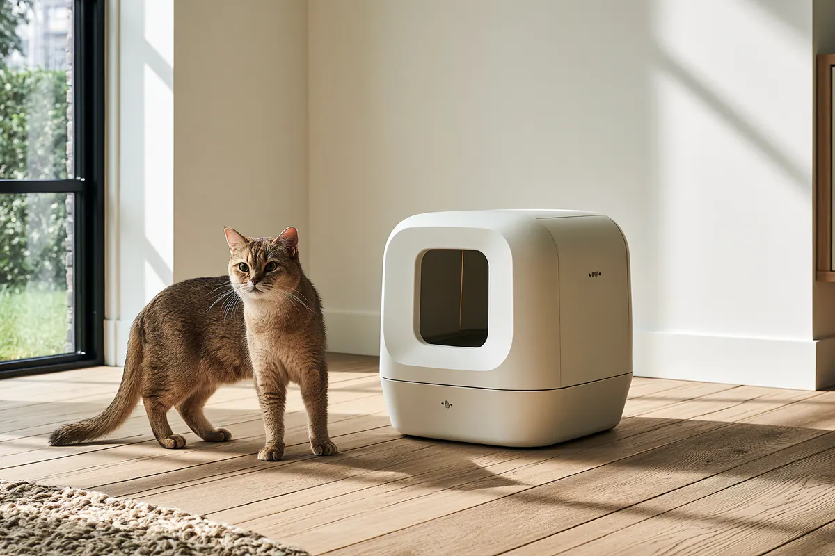 Kat naast een moderne zelfreinigende kattenbak
